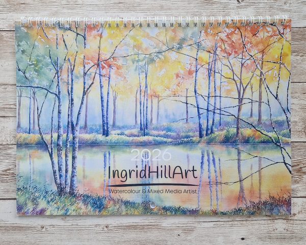 Front cover of a 2026 calendar with an autumn woodland painting