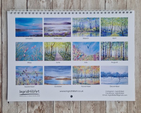 The back cover of a 2026 calendar showing twelve seasonal paintings.