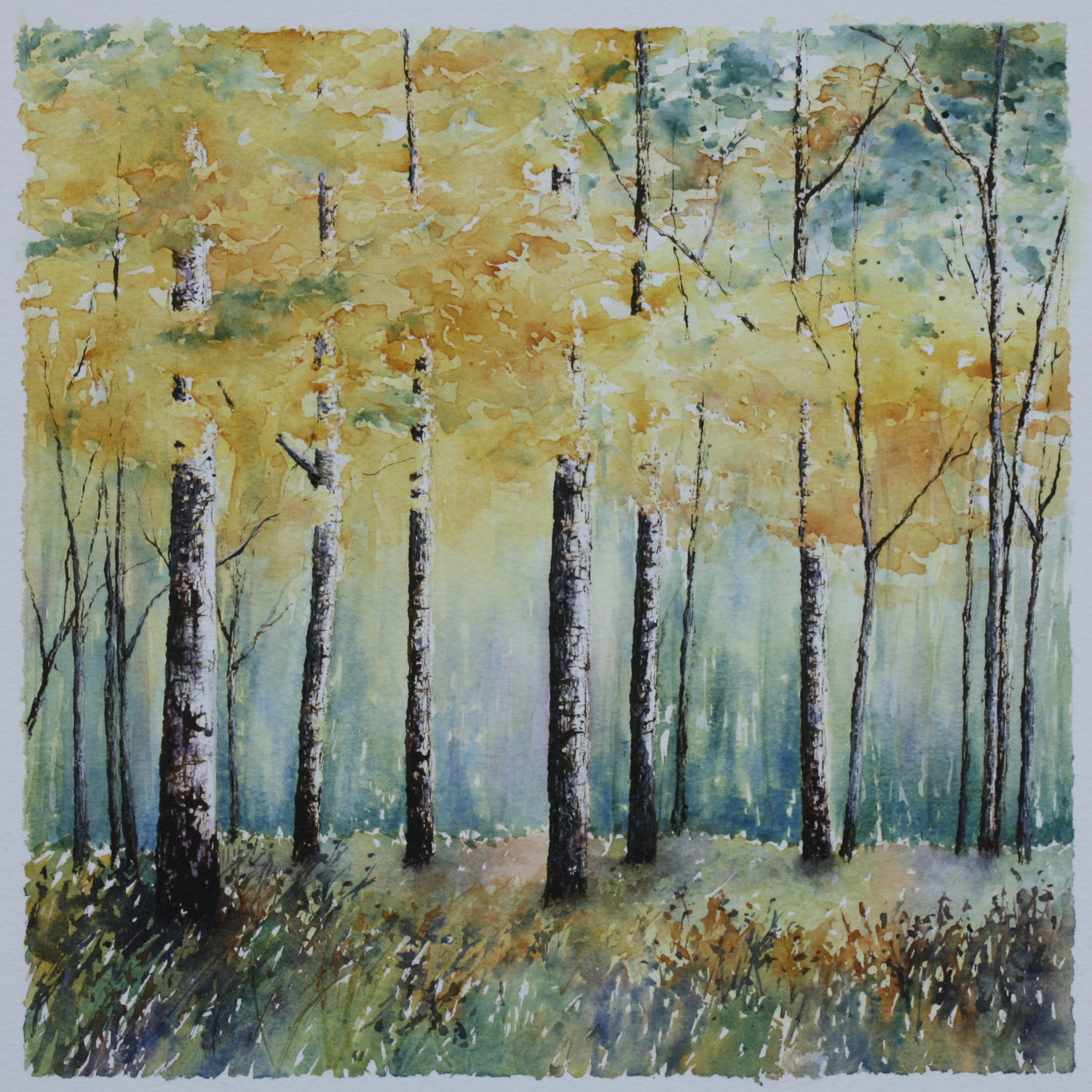 Watercolour and ink painting of an autumn woodland