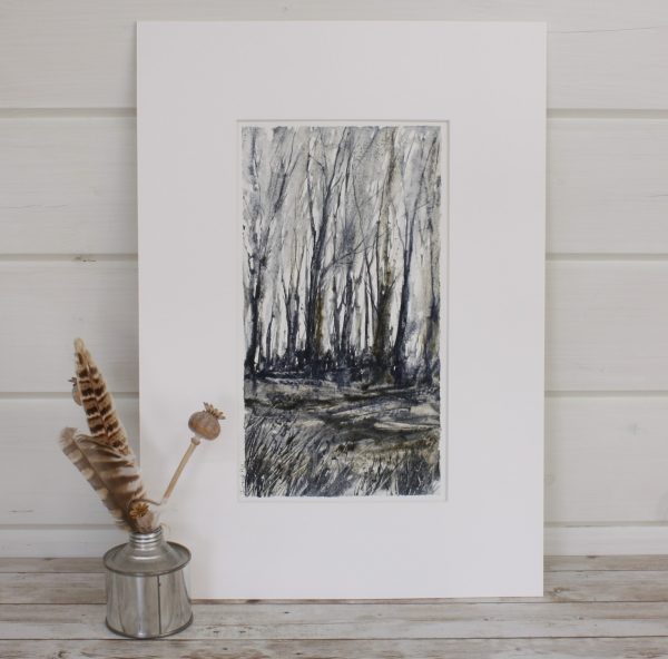 Winter - Woodland series Mixed Media Painting with feathers