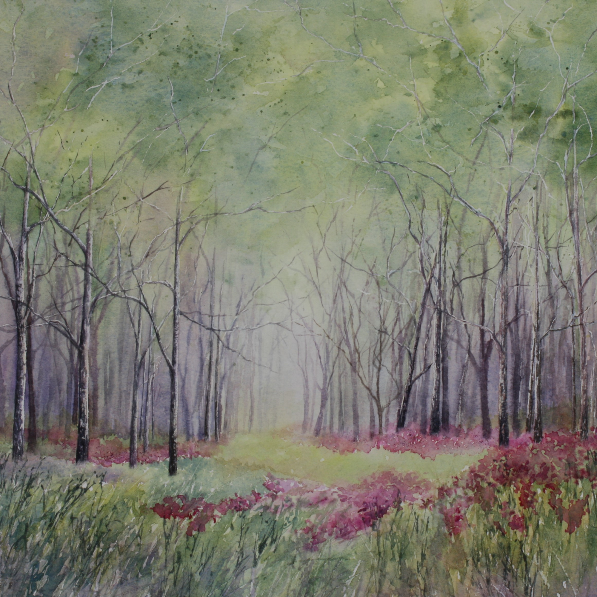 Misty woodland painting with pink flowers in the foreground