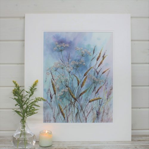A painting of cow parsley and wild grasses mounted.
