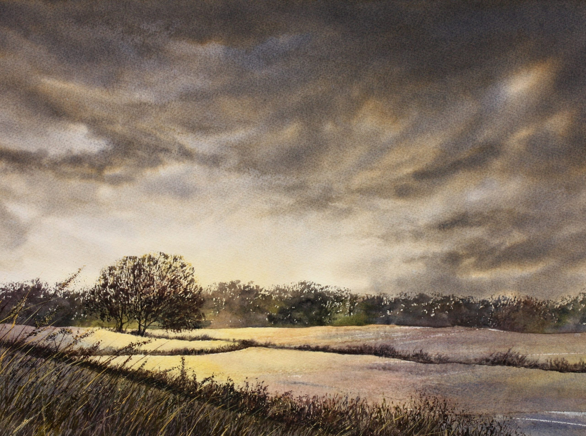 Atmospheric mixed media landscape painting