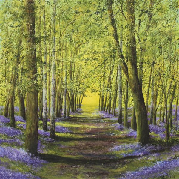 Painting of a woodland path through bluebell woods