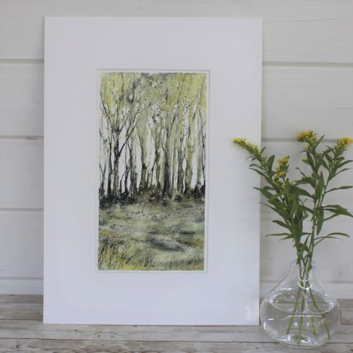 Spring, Woodland Series a mixed media painting with vase