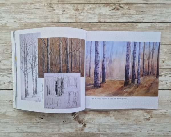 Two pages from an open book showing several tree drawings and watercolour sketch.