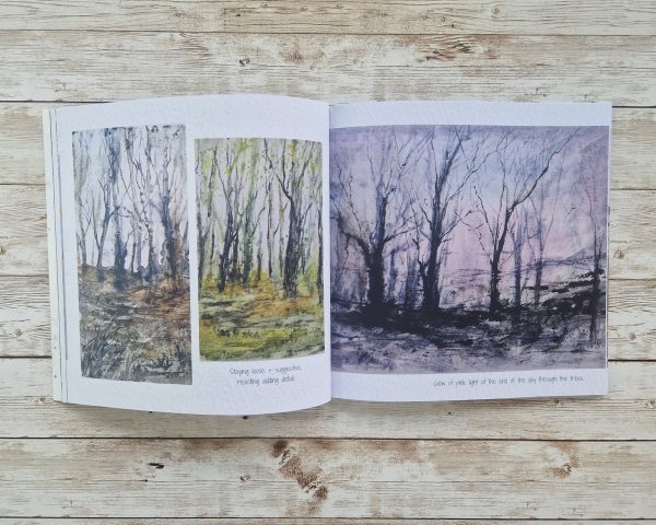 Two pages from an open book showing woodland sketches.