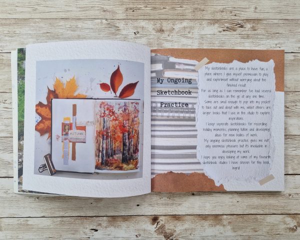 Two pages from an open book. One showing an autumn sketchbook page the other with text .