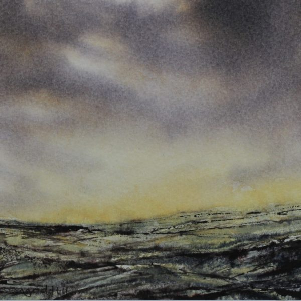 Last Light, a mixed media landscape painting of a moorland at sunset