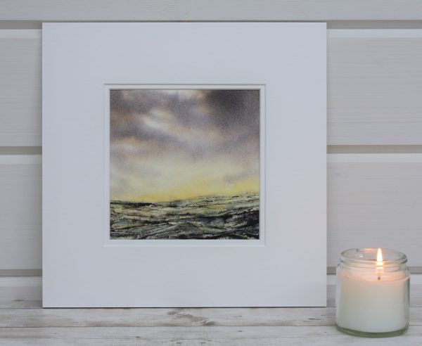 Last Light, a mounted landscape painting of a moorland with a candle in front