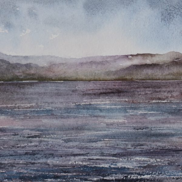 Time to Unwind. Painting looking across water towards misty hills