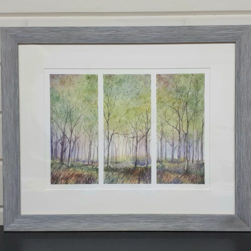 Morning Promise, a triptych painting of a hazy woodland