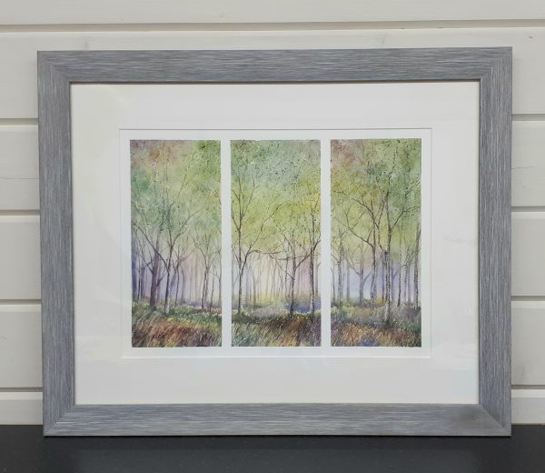 Morning Promise, a triptych painting of a hazy woodland