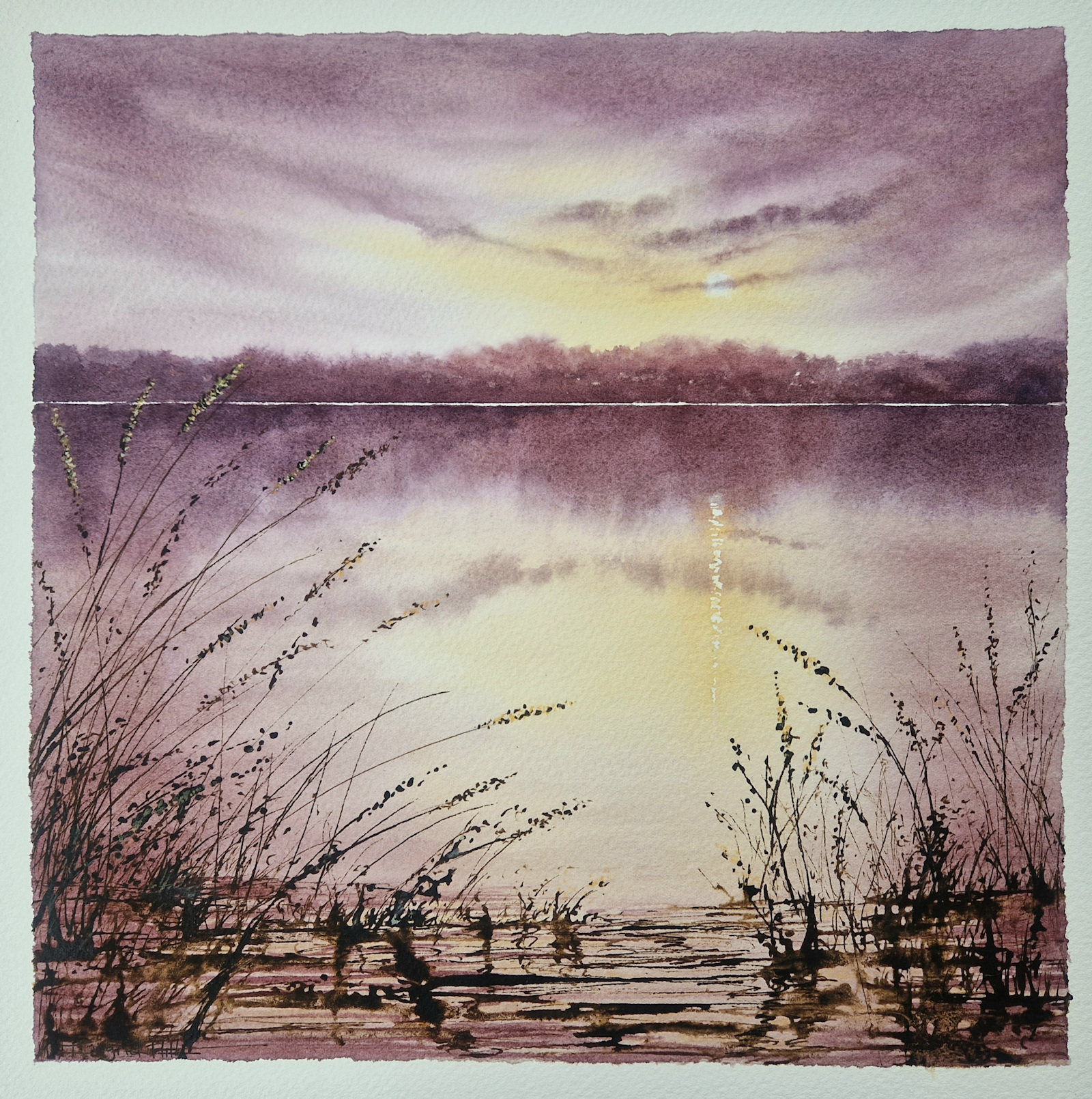 Painting of a sunset reflecting in still water