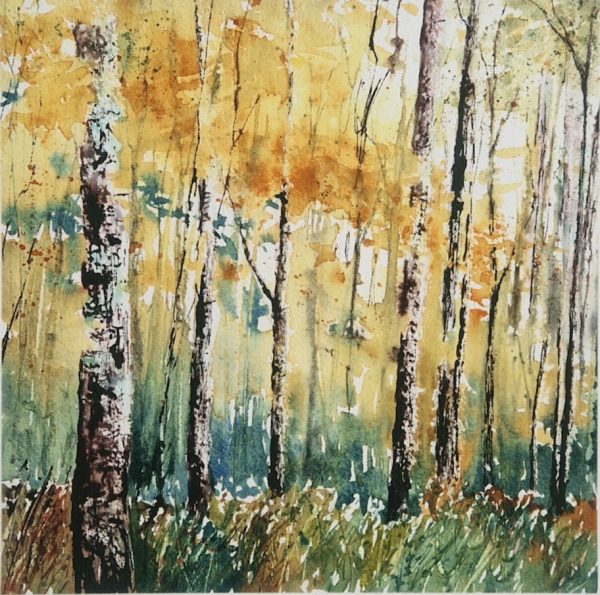A painting of a colourful autumn woodland