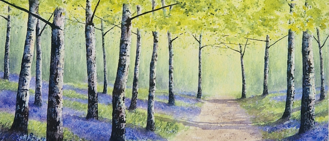 Painting of a spring woodland with a path and bluebells
