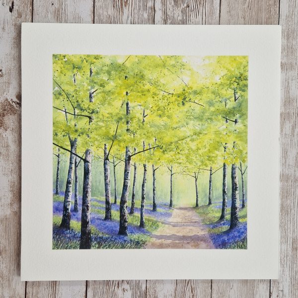 Colourful painting of a path through a bluebell wood