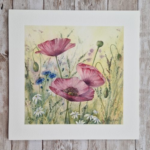 Print of a painting of pink poppies and wild flowers