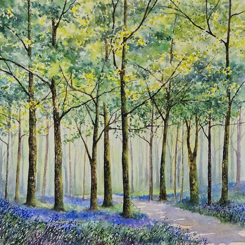 Watercolour and ink painting of a path through bluebell woods