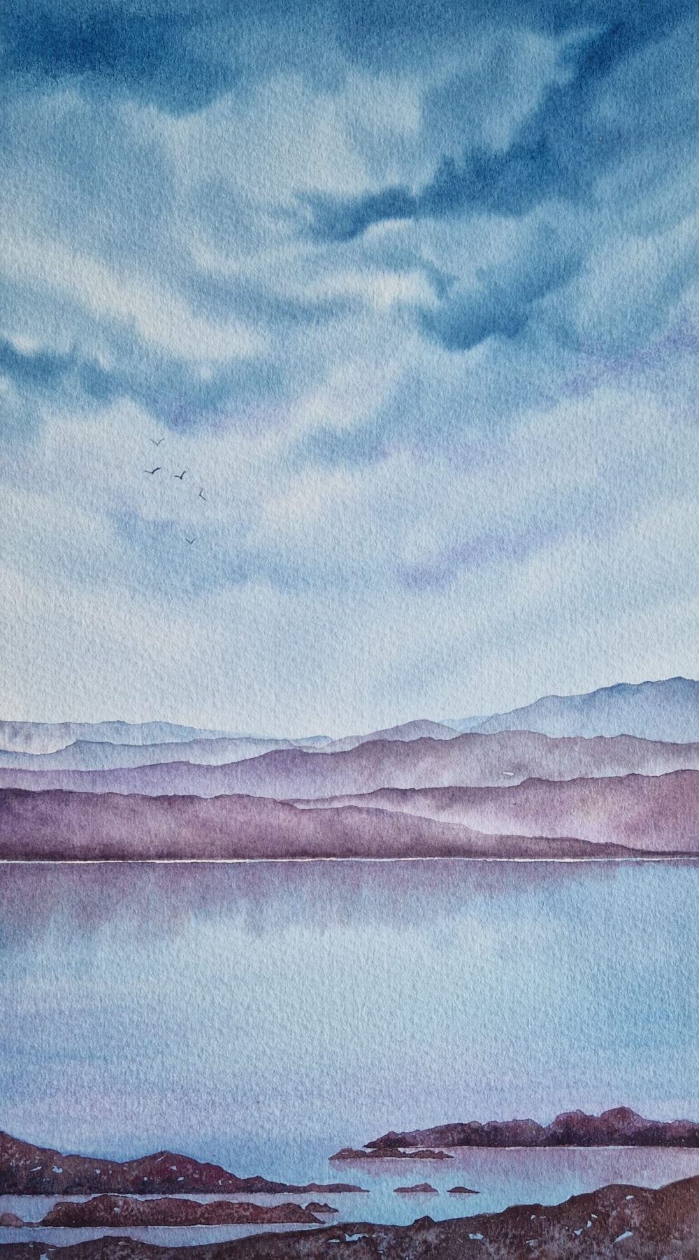 An atmospheric watercolour of a Scottish inspired scene.