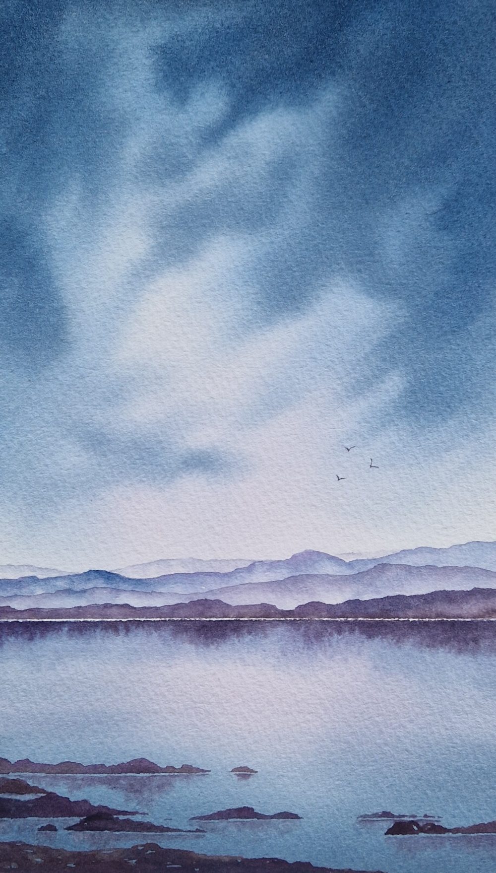Peaceful Reflection is an atmospheric watercolour inspired by the Scottish highlands.