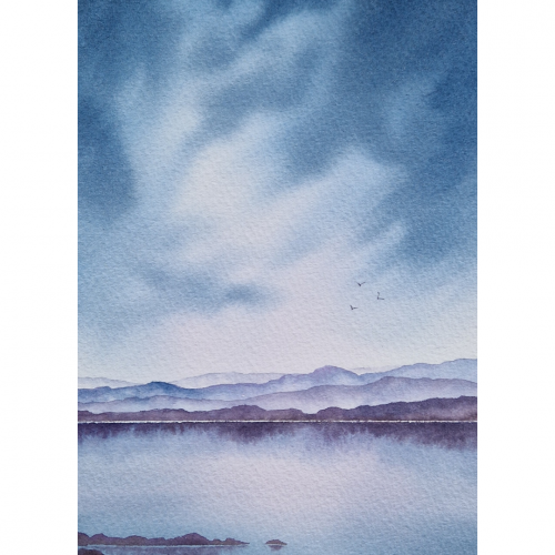 Peaceful Reflection is a watercolour of an atmospheric scene of a Scottish Loch.