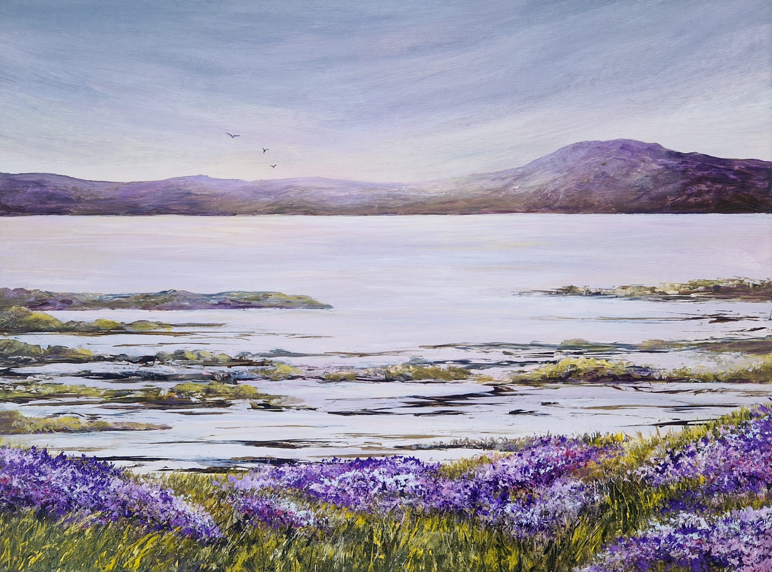 Purple Haze is n atmospheric landscape with heather in the foreground overlooking a loch.