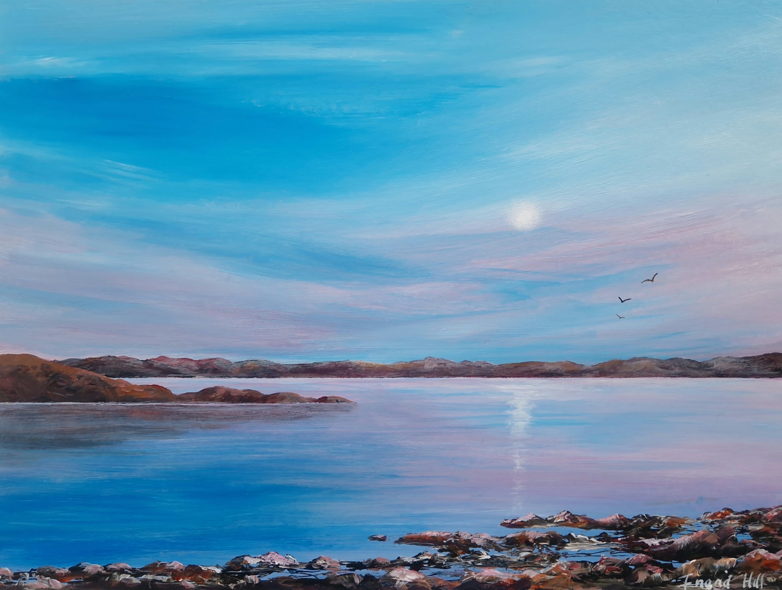 Stopping to Gaze is an atmospheric landscape painting of the moon reflecting across still water.