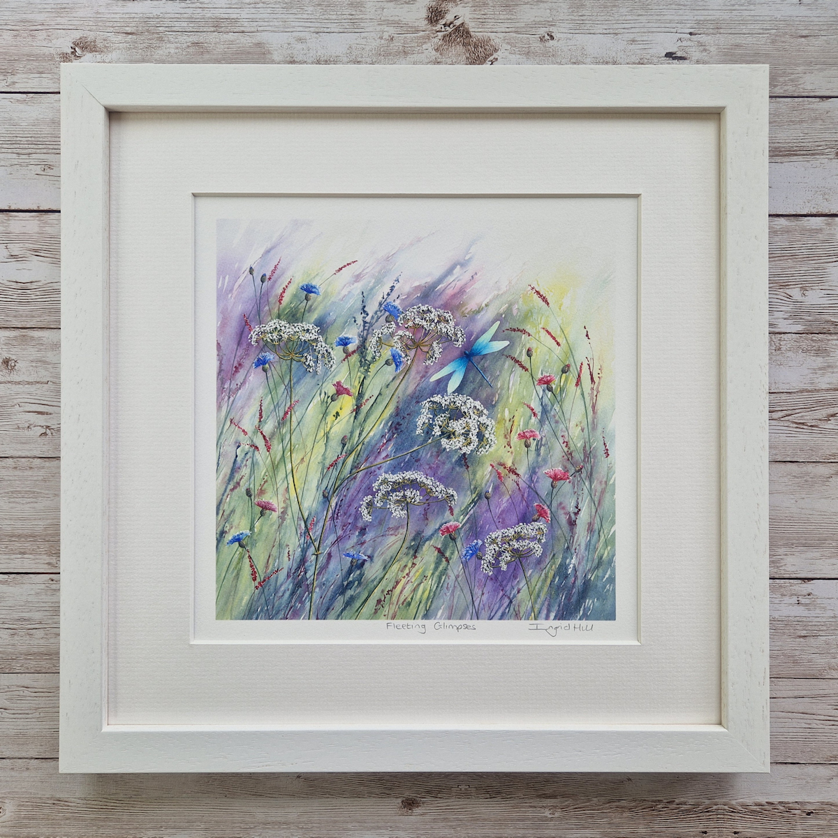 A framed print from a watercolour titled Fleeting Glimpses of wild flowers and a blue dragonfly.
