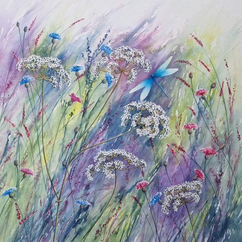 Fleeting Glimpses is a print taken from a watercolour painting of wild flowers and a blue dragonfly.
