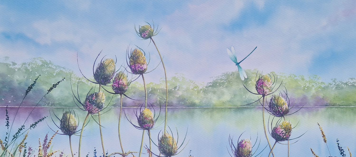 Section of a watercolour painting of teasels in front of still water.