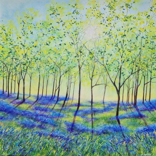 Light Dances on Bluebells is a painting of a bluebell wood with shafts of sunlight