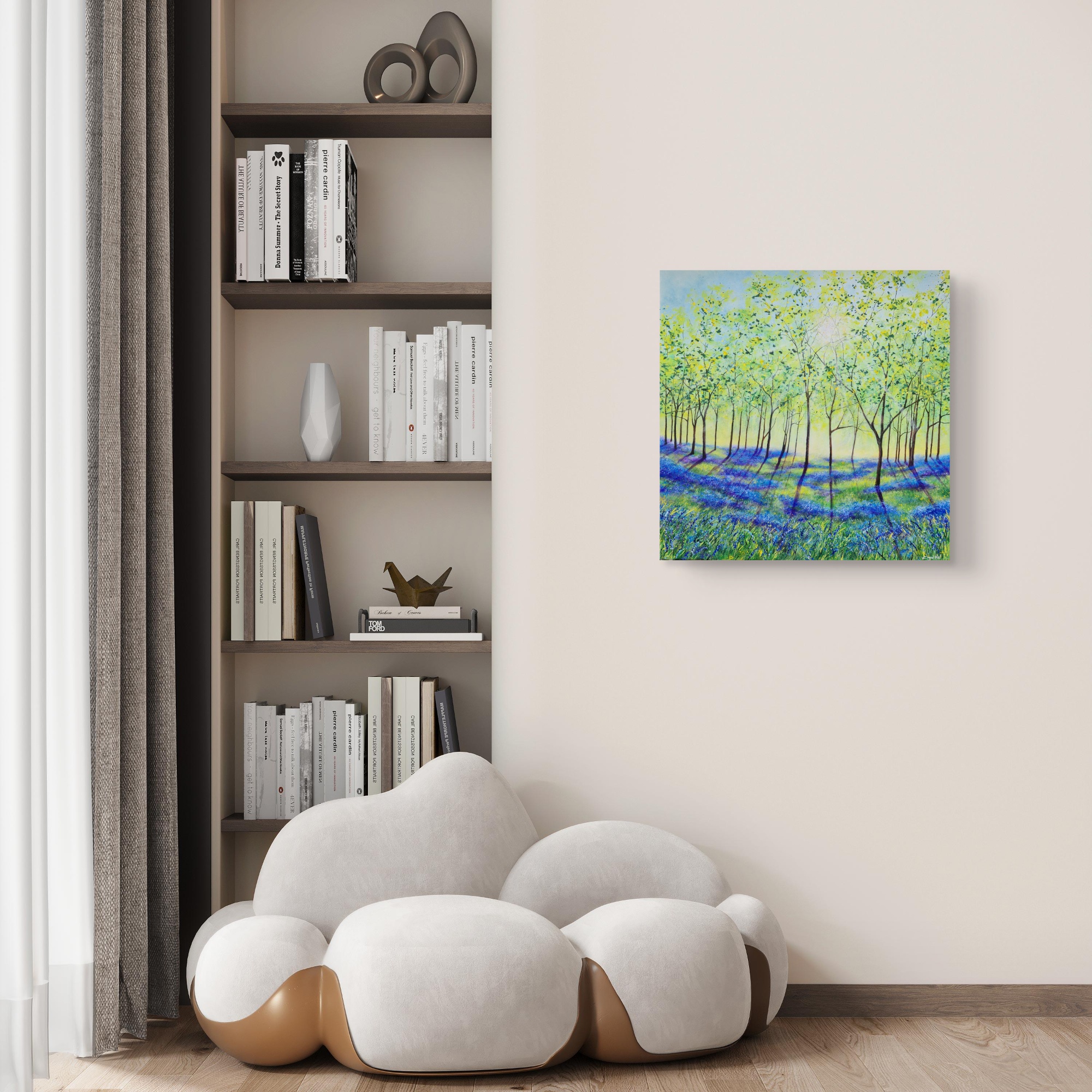Light Dances on Bluebells is a painting of a bluebell wood on the wall of a lounge.