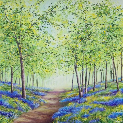 pring Awakened is a vibrant original painting on canvas of a path through a bluebell woodland.